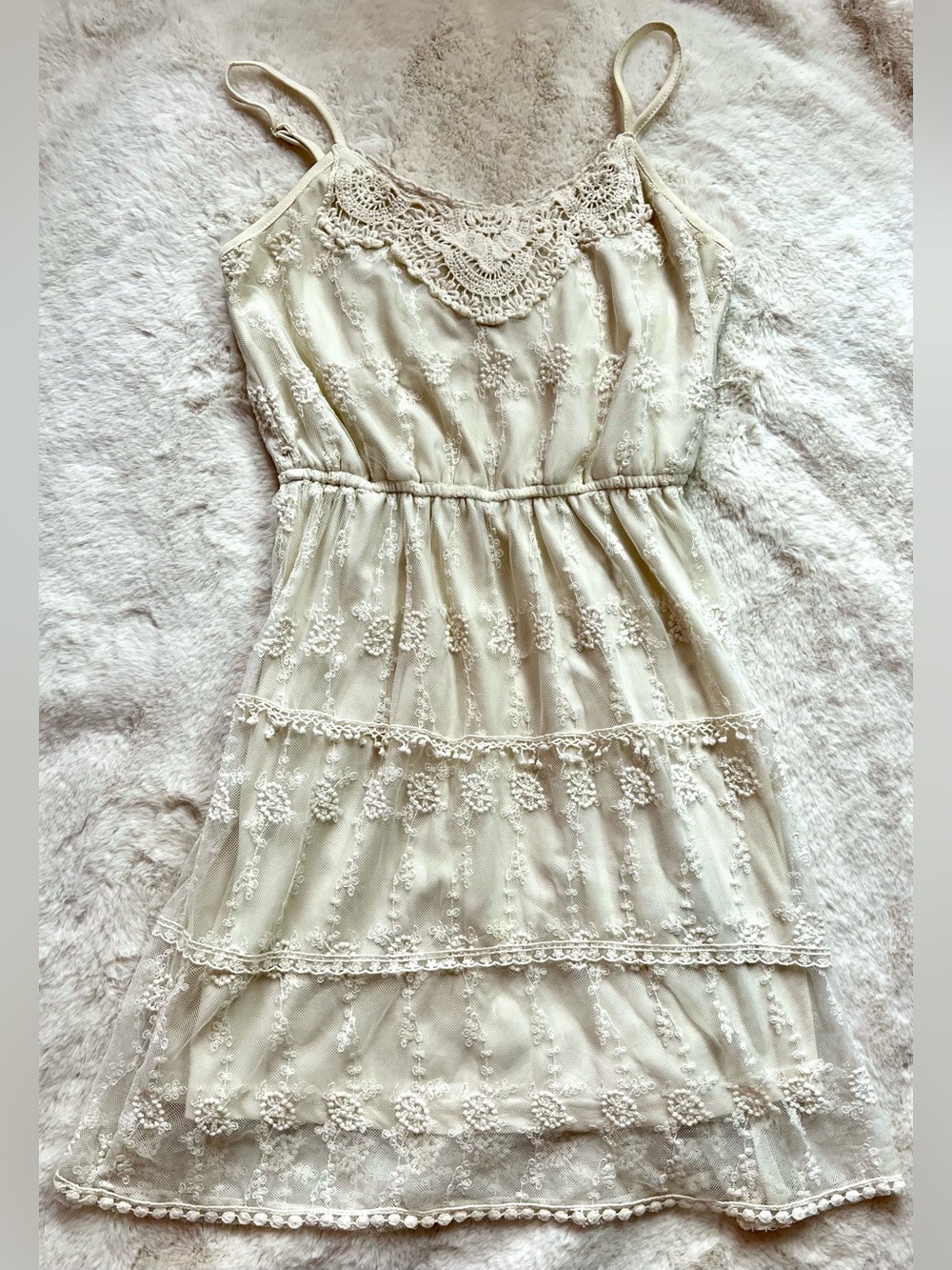 Ivory Lace Crochet Boho Tiered Mini Dress From Ultra Pink Cottagecore Size M